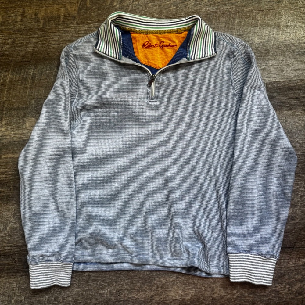 Robert Graham Quarter Zip Pullover Sweater Large Blue Striped Waffle Knit